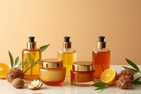 Bottles and jars of Ayurvedic skincare products.