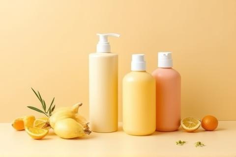 Bottles of organic shampoo and conditioner.